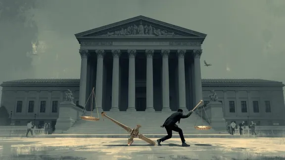 A person struggles to balance a large scale in front of a Court building, with a bird flying in the hazy sky above.