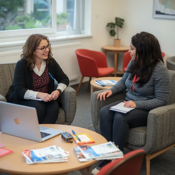 A female adviser providing one to one support and advice to a parent on welfare rights and housing in a school setting